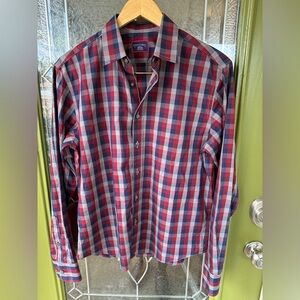 UNTUCKit Men’s Small Wrinkle Free Long Sleeve Button Up Plaid Red Blue Gray
